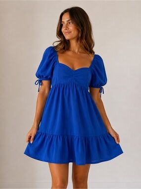 Boutique Blue Puff Sleeve Mini Dress - Classic Sweetheart Neckline
